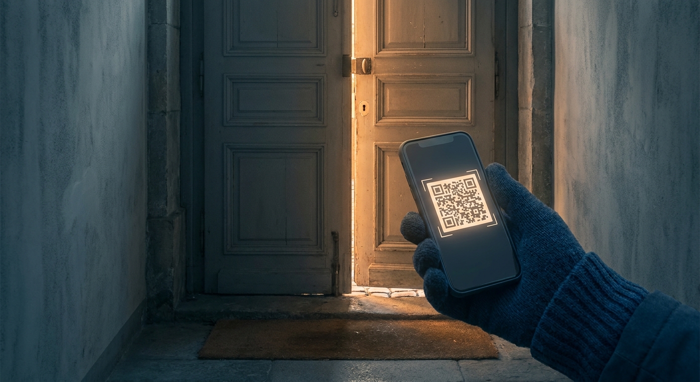 Illustration conceptuelle — smartphone avec QR code devant une porte fermée